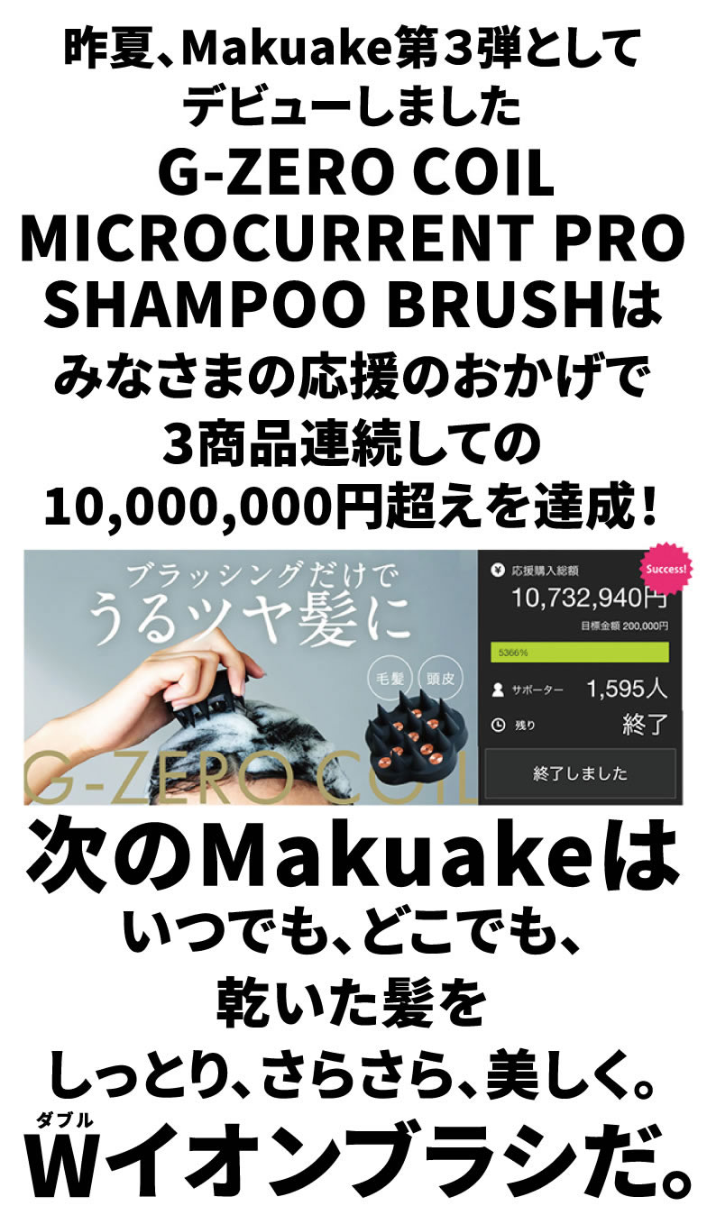 次のMakuakeは いつでも、どこでも、乾いた髪を しっとり、さらさら、美しく。 Wイオンブラシだ。